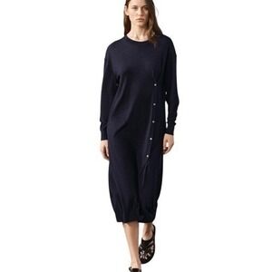 Zara Navy Long Sleeve Wool Sweater Midi Dress Button front - S NWT